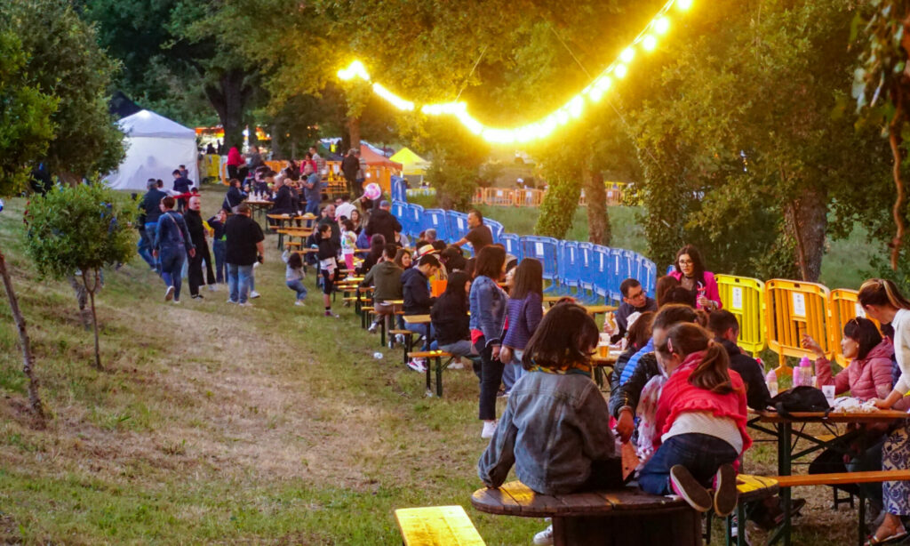 Beergarden realizzato per il Beerbagia Festival 2024 con tavoli e panche occupati da tante persone e una fila di lampadine che rendono più accogliente l'atmosfera